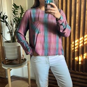 Cloth & Stone Top Size medium Plaid Lace Up Back Pink Green Super‎ Soft Blouse